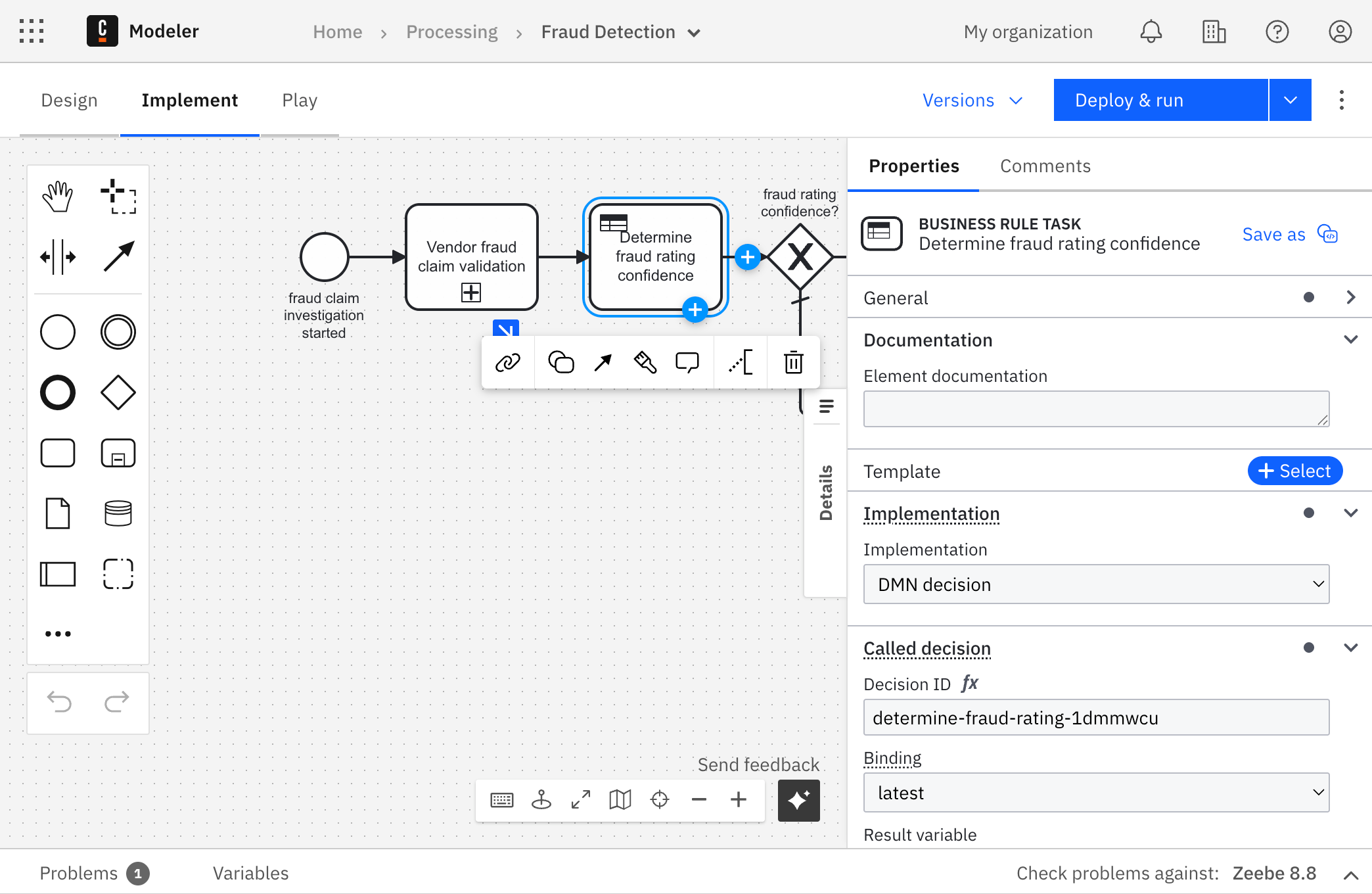 Web Modeler interface showing a configured business rule task named 'Determine fraud rating confidence' with properties panel displaying DMN decision configuration, decision ID, and binding settings