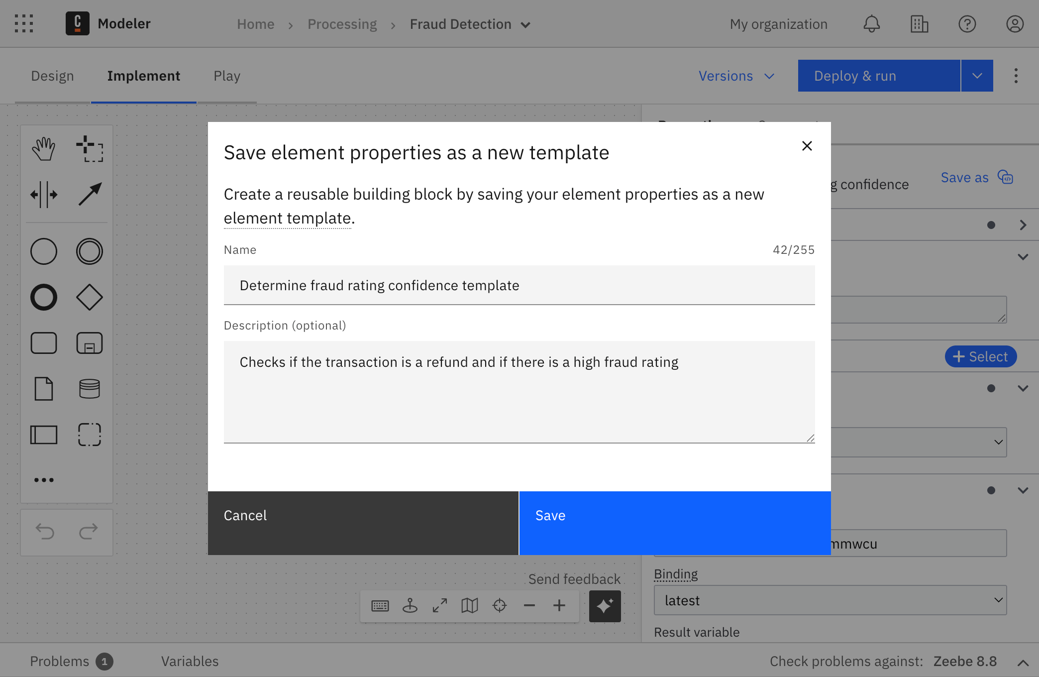 Properties panel showing the 'Save as' button with template icon in the Template section, with a blue 'Select' button visible