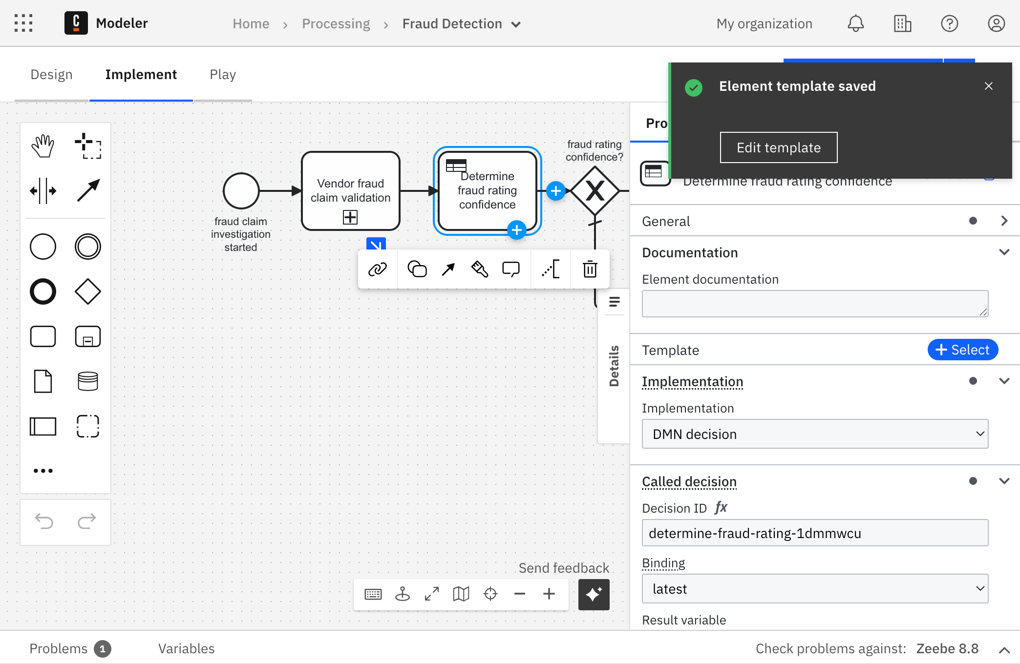 Modal dialog titled 'Save element properties as a new template' with name field showing 'Determine fraud rating confidence template' and description field containing template details
