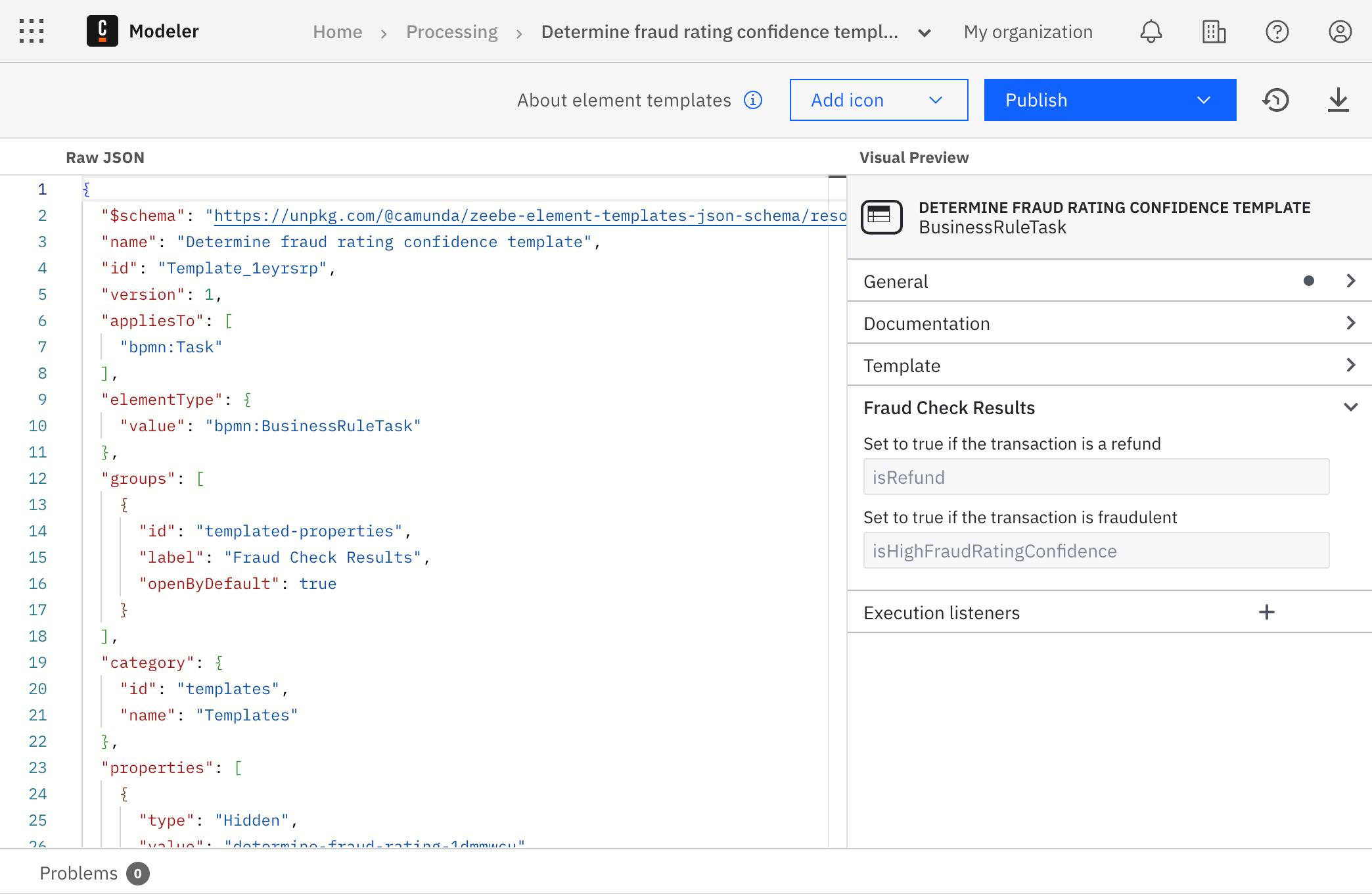 Template editor interface showing JSON configuration on the left and visual preview on the right, with 'Fraud Check Results' section containing configurable template properties for isRefund and isHighFraudRatingConfidence