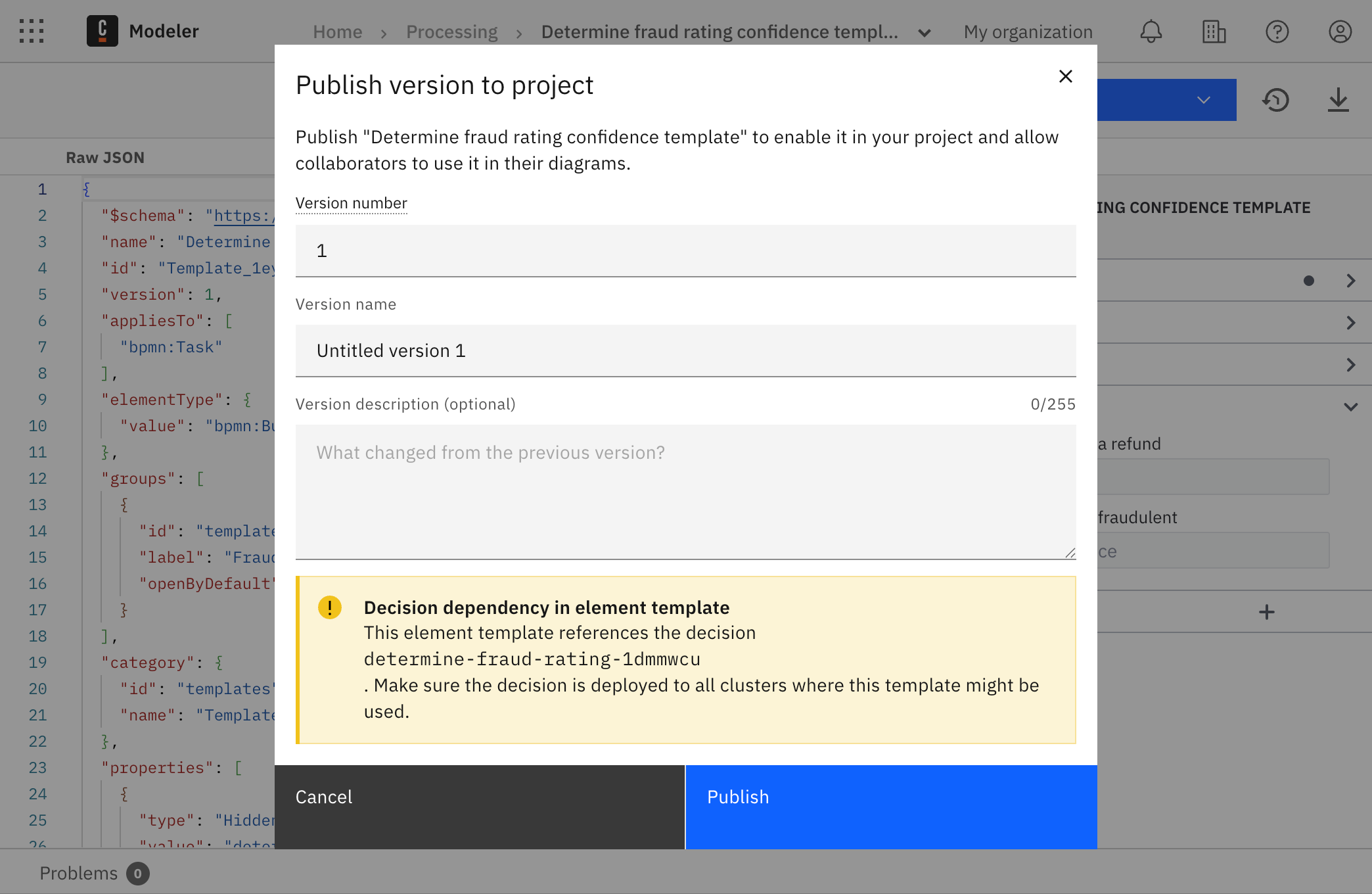 Publish template dialog with version fields, description text area, and a warning about decision dependency for the determine-fraud-rating decision