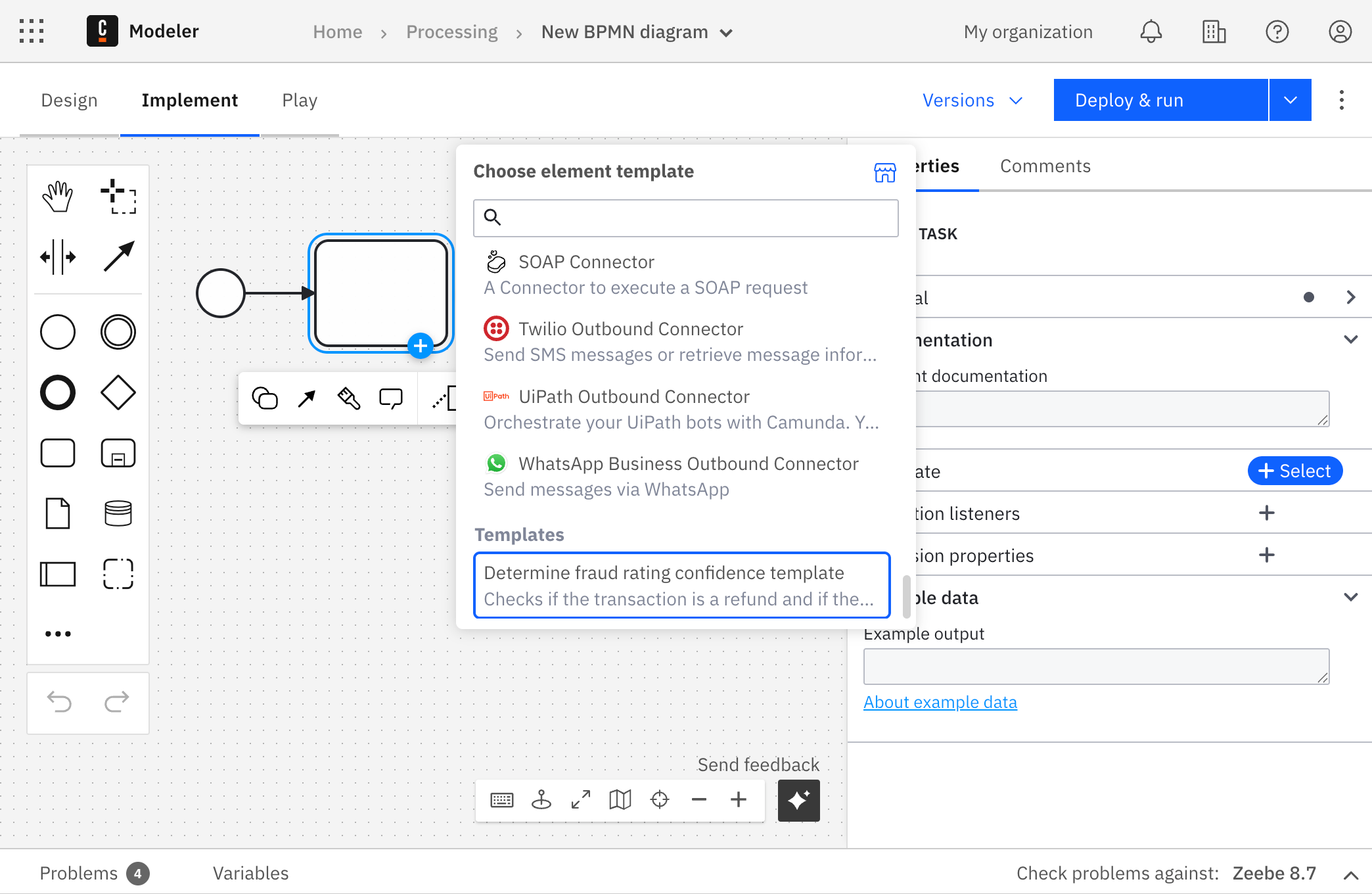 Template selection sidebar showing available connectors and templates, with 'Determine fraud rating confidence template' listed under the Templates section