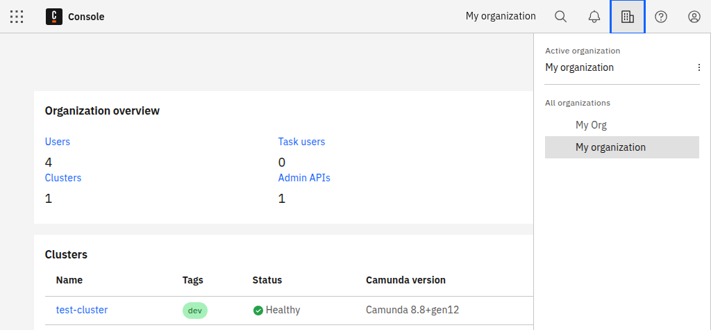 Open Organizations icon in navigation bar
