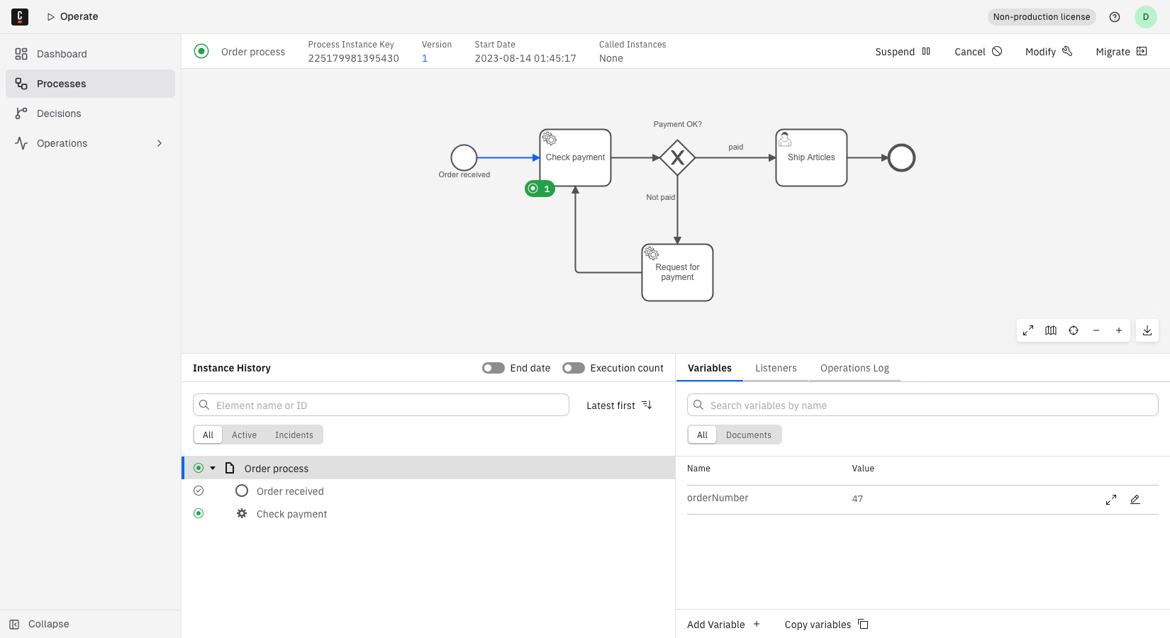 A process instance detail page, showing the header with the process instance's key, version, and state, the process diagram, and the bottom panel with Variables, Listeners, and Operations Log tabs.
