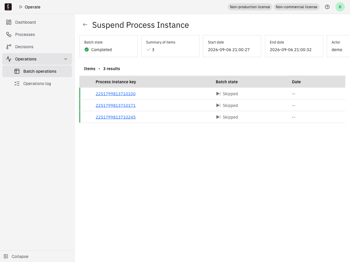 A batch operation details page showing the summary header (batch state Completed, summary of items 3, start date, end date, actor) above the items table listing three process instance keys with their batch state.