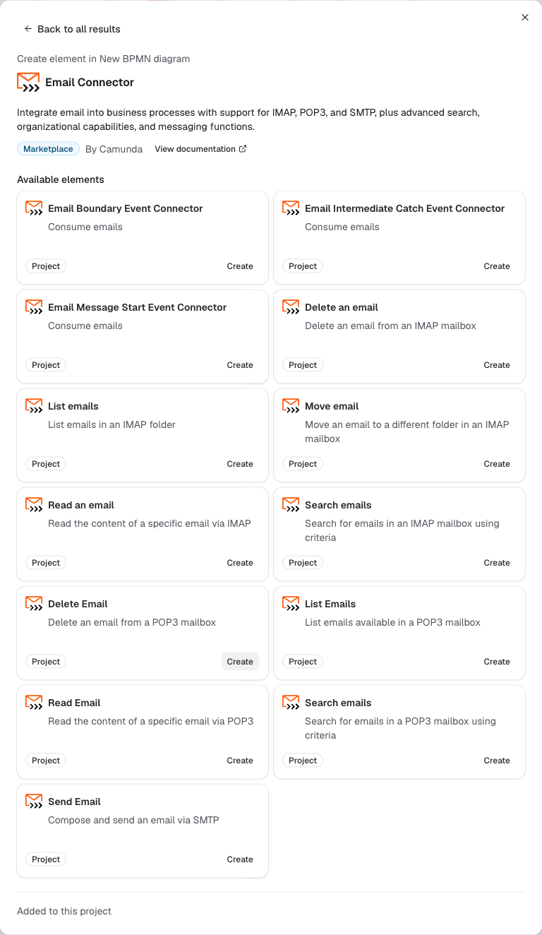Marketplace connector details showing elements available in the project with direct Create actions