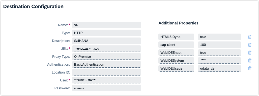 sample BTP destination configuration