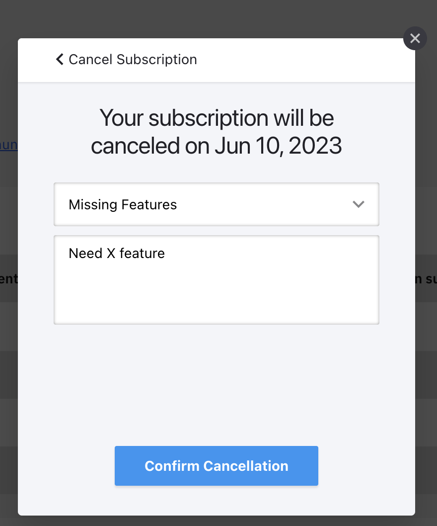 enter cancelation reason and details