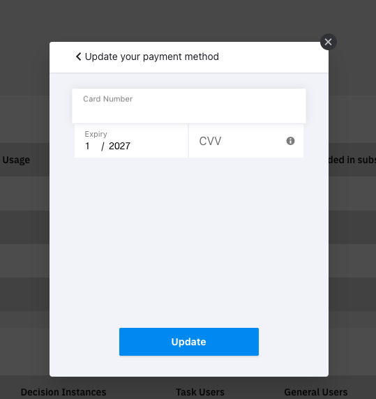 enter credit card details and update button