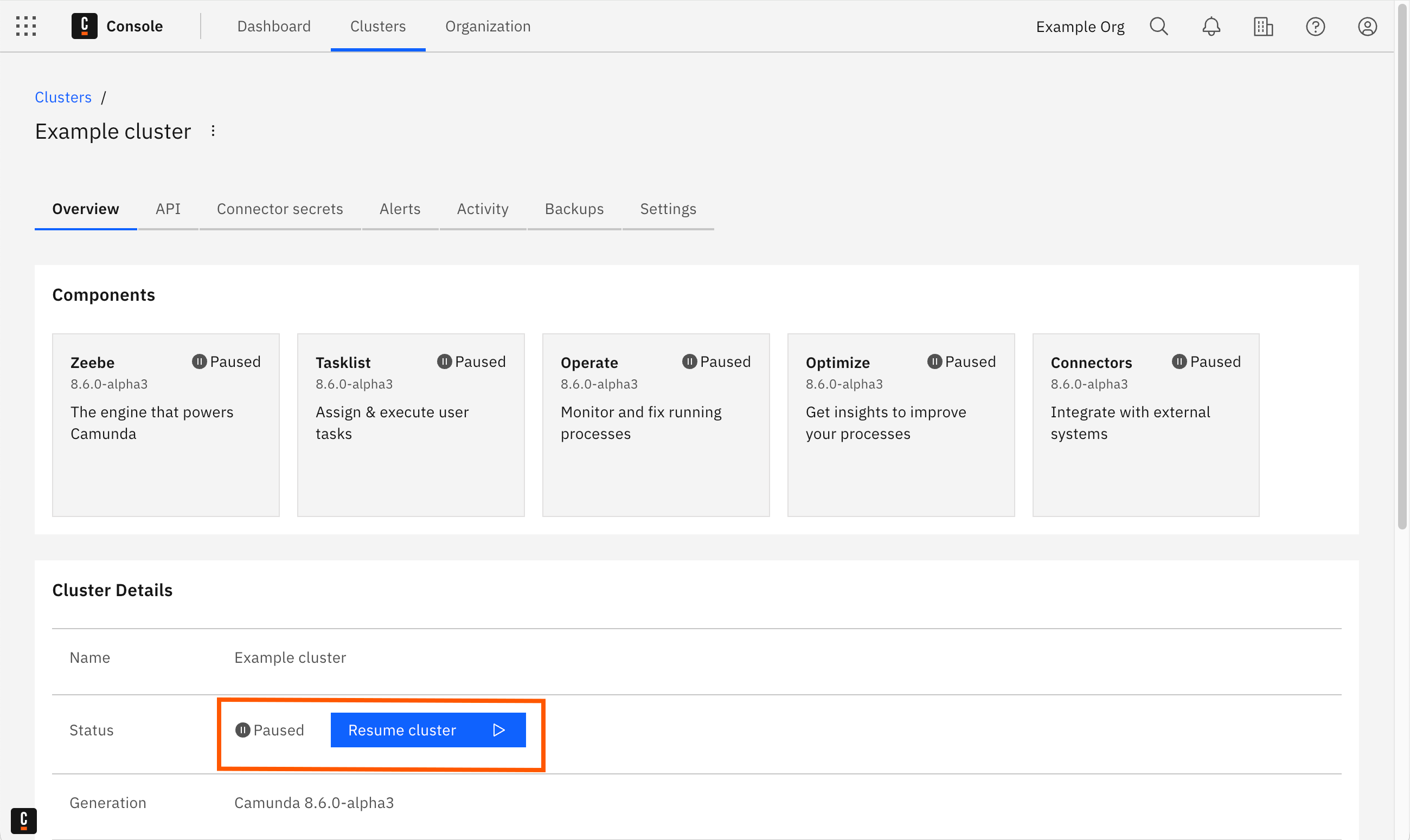 Resume a paused cluster from the Console