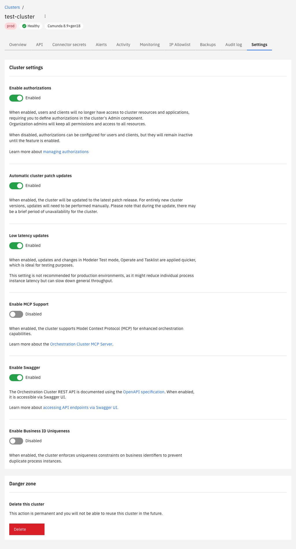 Cluster settings