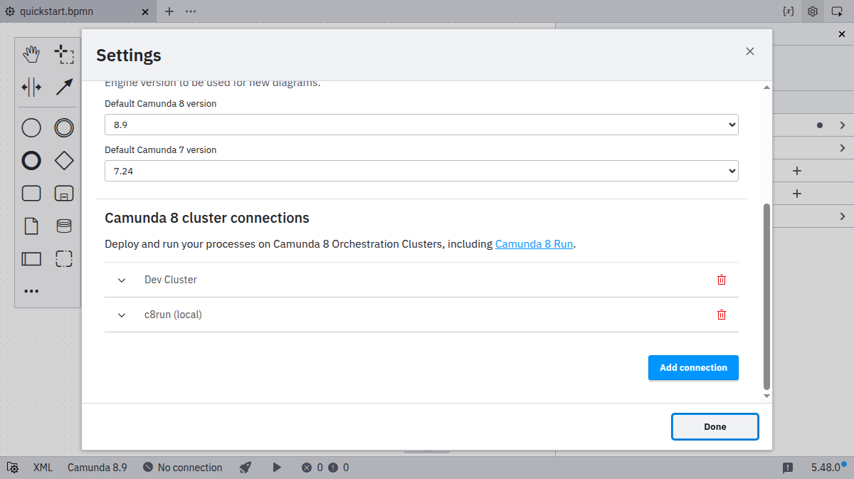 Connection manager showing add button