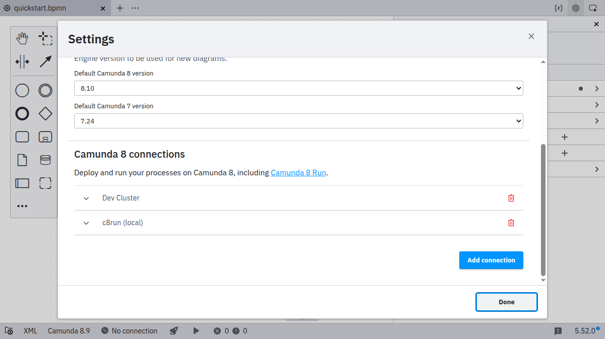 Connection manager showing add button