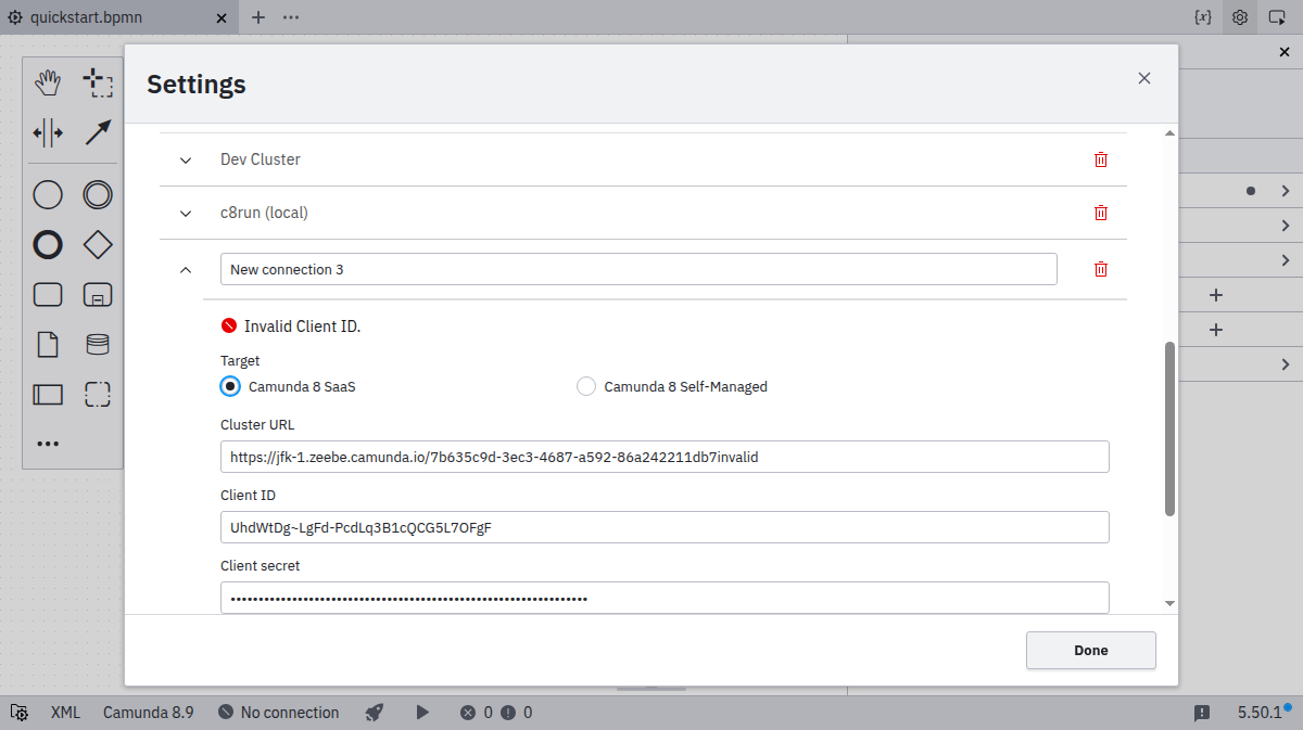 Connection manager showing connection error