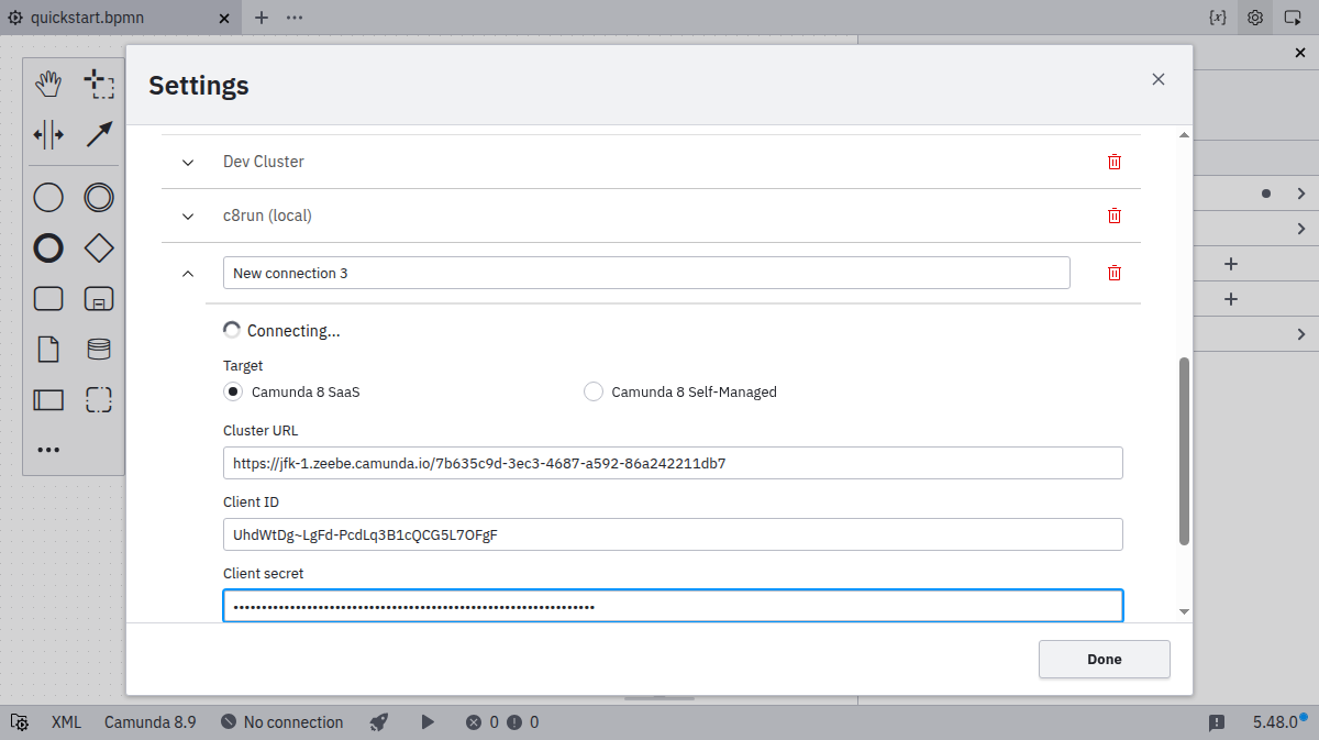 Connection manager with new connection information filled in