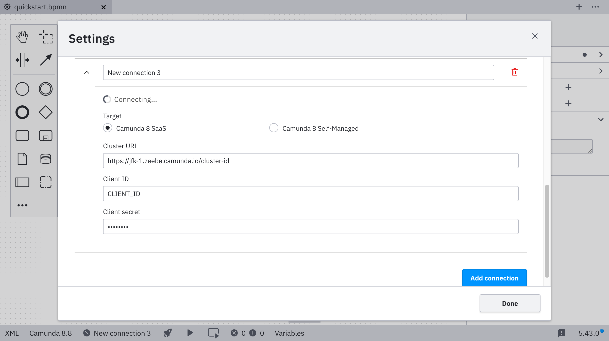 Connection manager with new connection information filled in
