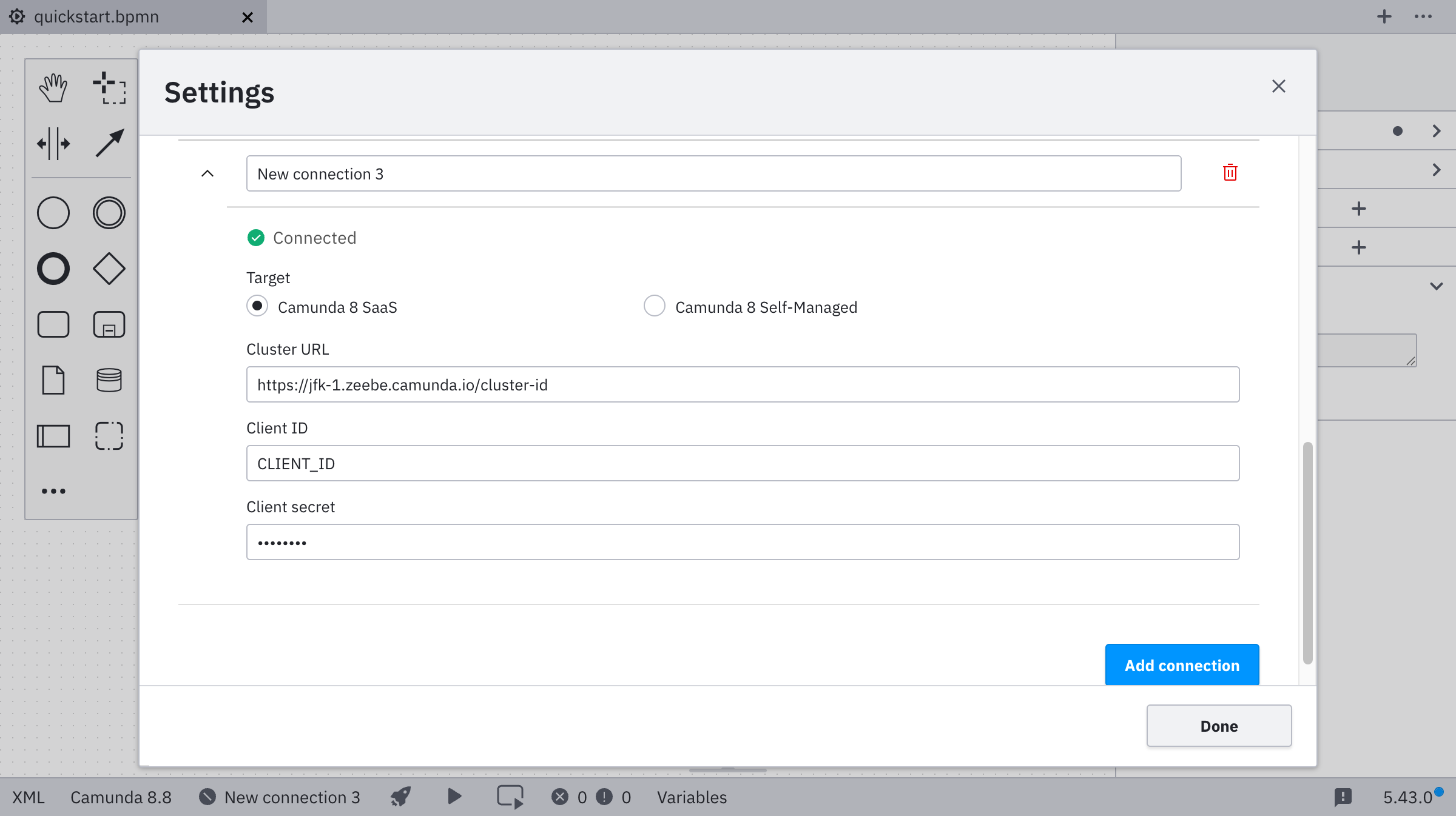 Connection manager showing connection success