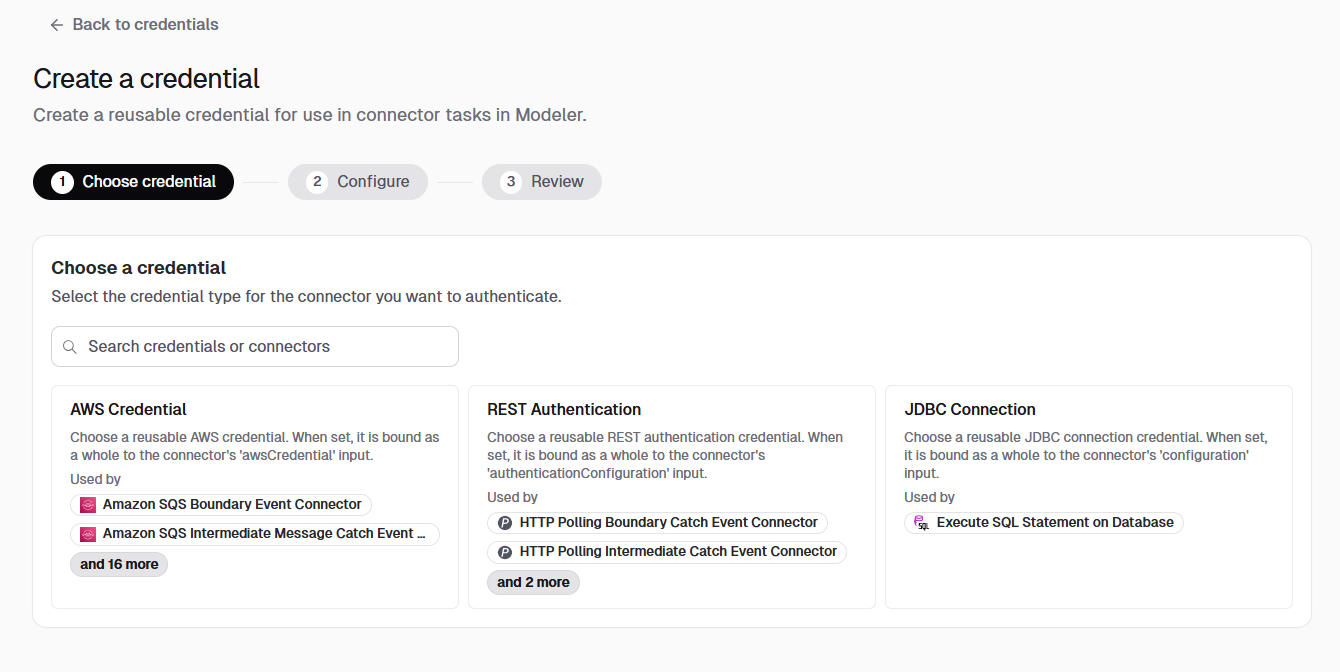 Step 1 of the Create a credential wizard, showing cards for AWS Credential, REST Authentication, and JDBC Connection, each listing the connectors that use it