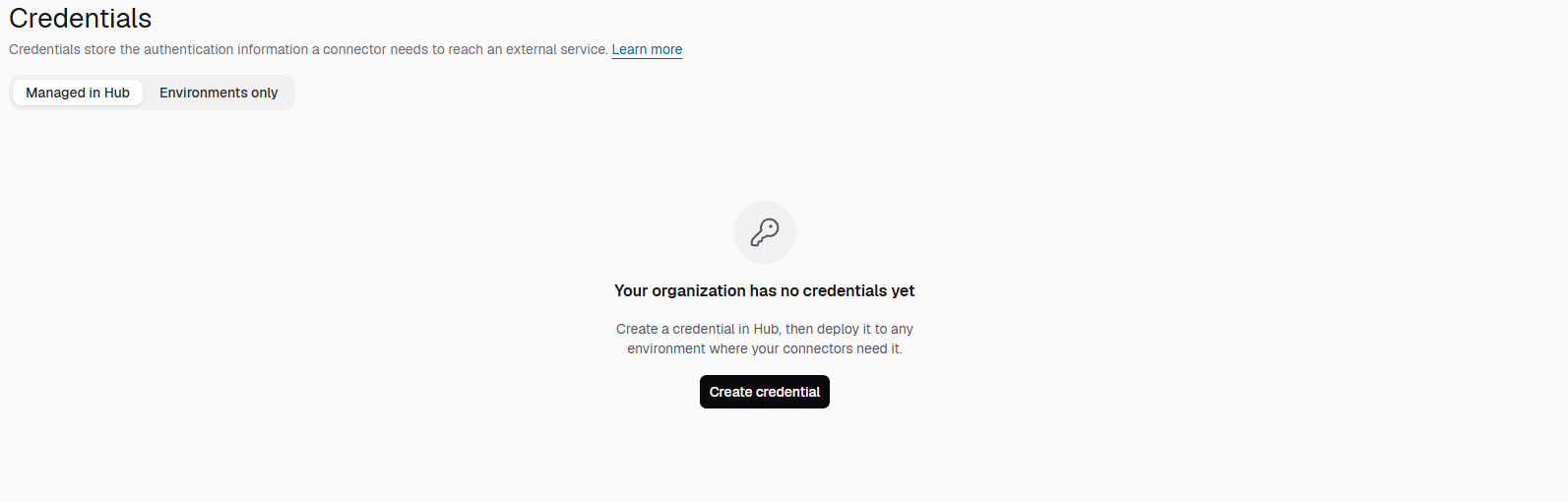 Managed in Hub tab of the Credentials page in Camunda Hub, showing the message "Your organization has no credentials yet" and a Create credential button