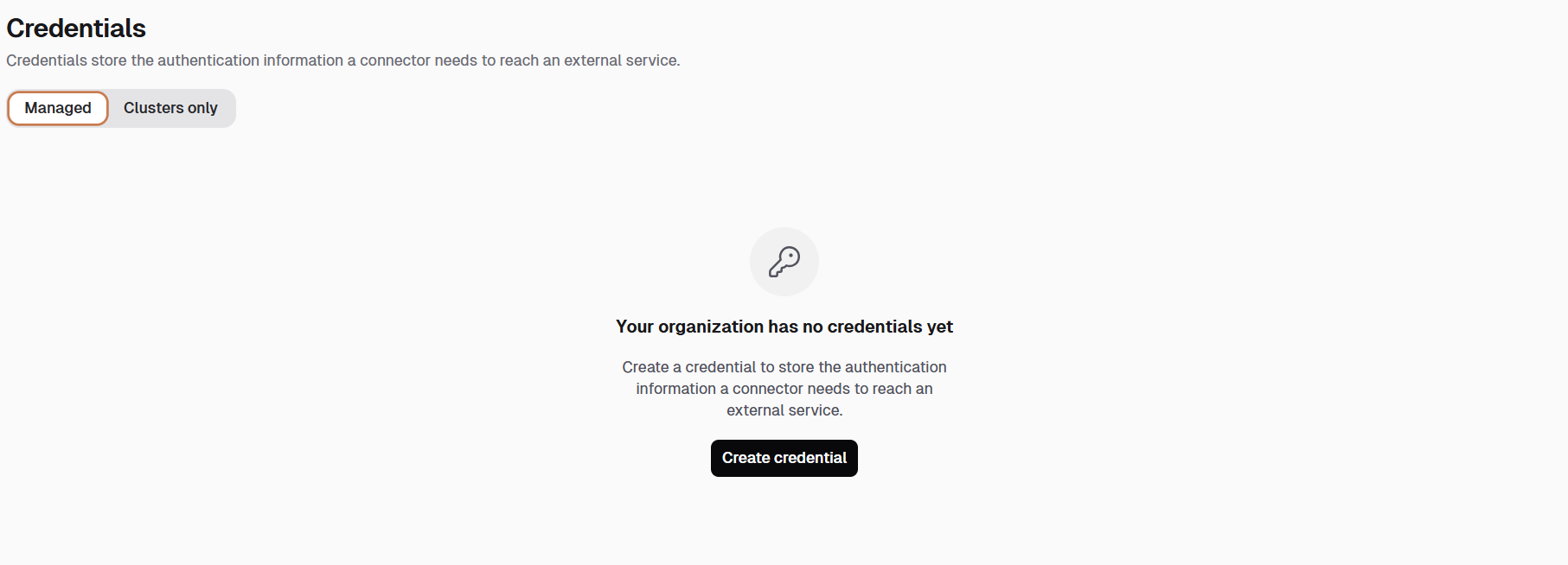 Managed tab of the Credentials page in Camunda Hub, showing the message "Your organization has no credentials yet" and a Create credential button