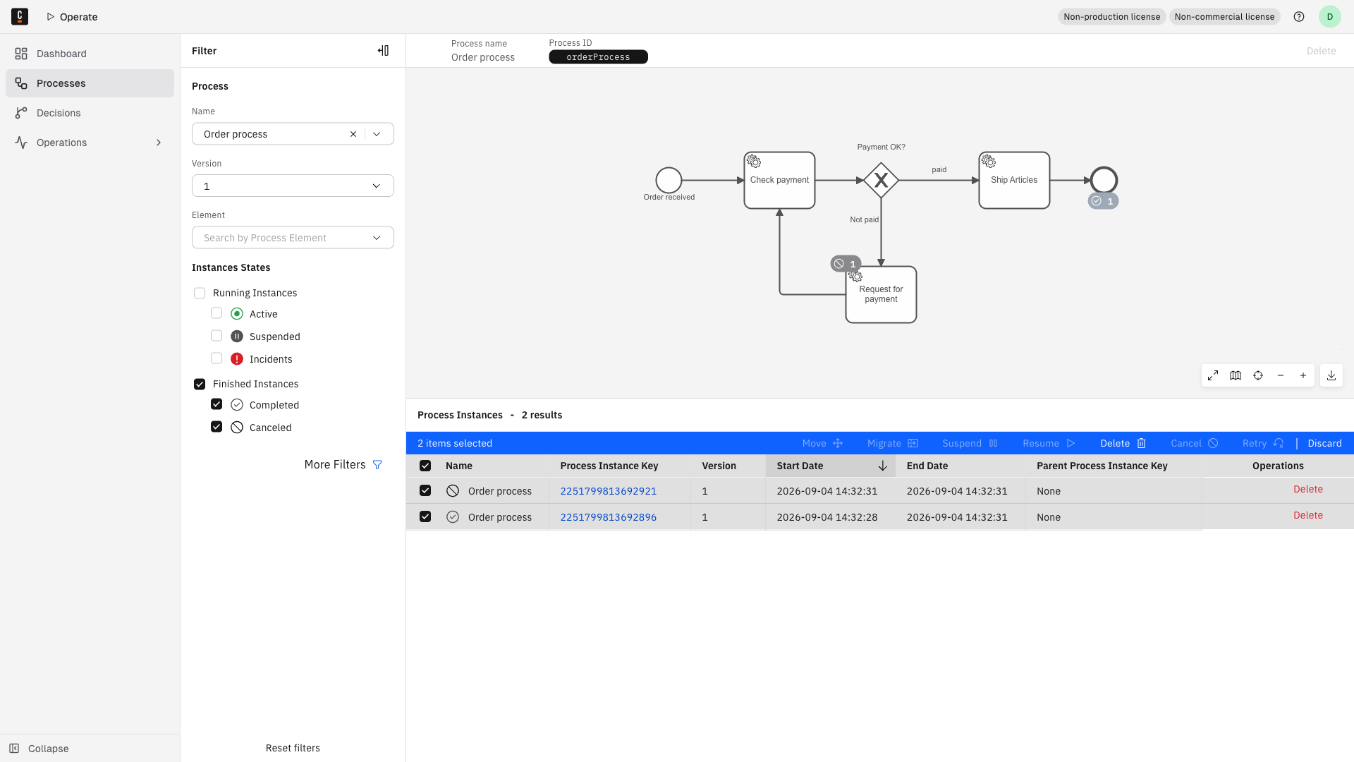 The Processes page filtered to finished instances, with two rows selected and the batch action toolbar showing a Delete button.