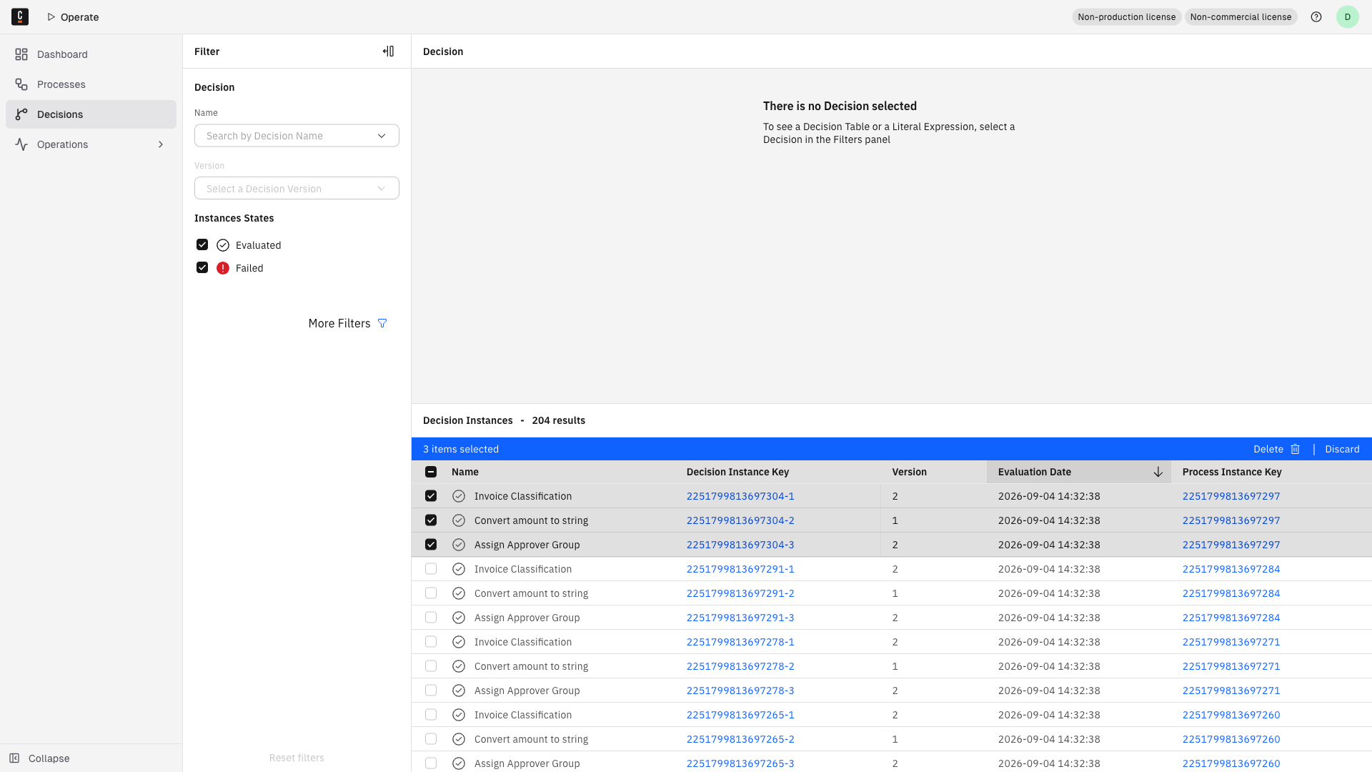 The Decisions page with three decision instances selected and the batch action toolbar showing a Delete button.