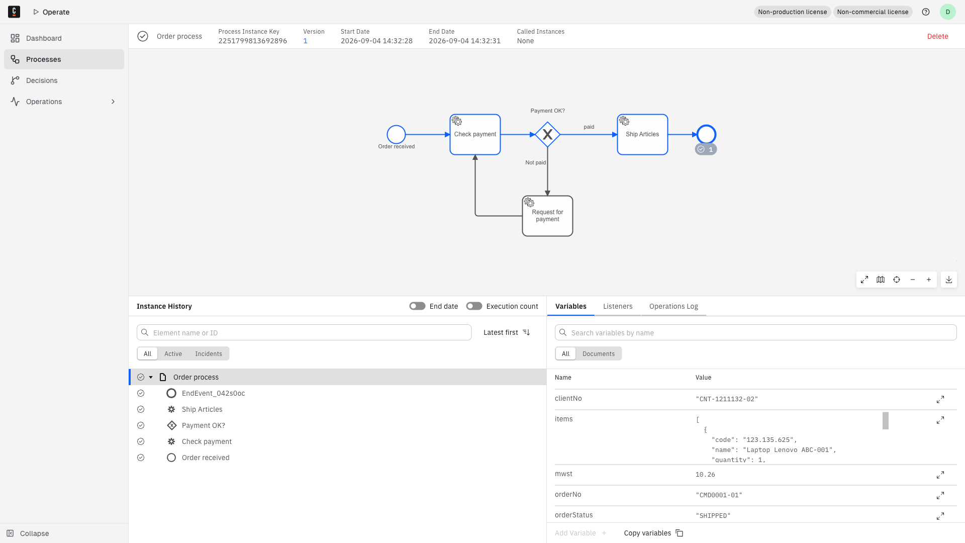 A process instance detail page with a Delete link in the page header, next to the process instance's key, version, start date, end date, and called instances.