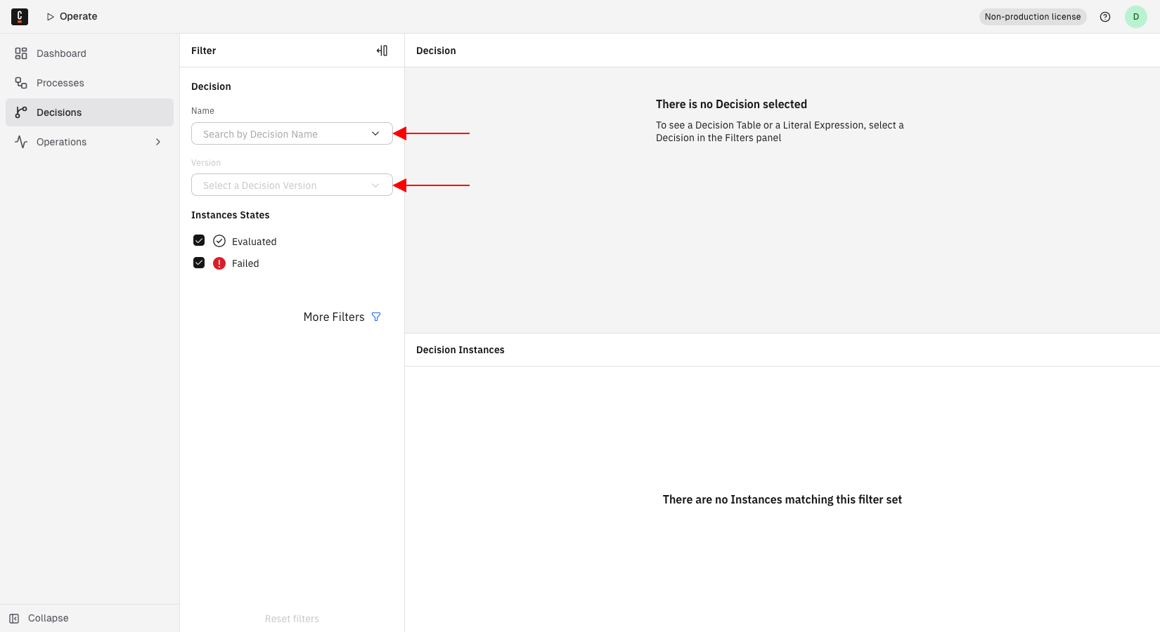 The Decisions page filter panel, with arrows pointing at the Decision Name and Decision Version fields.
