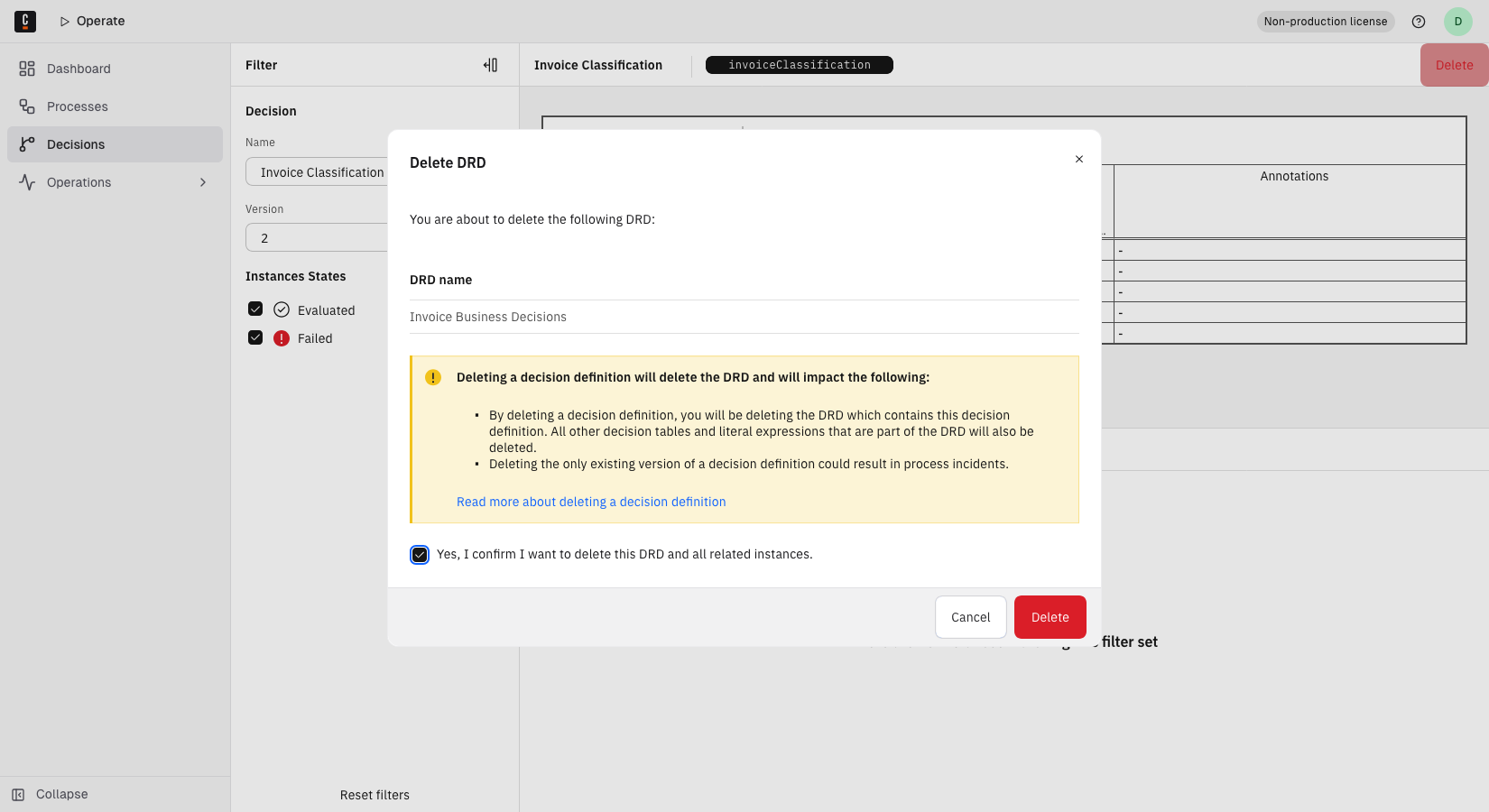 A confirmation modal for deleting a decision definition (DRD), with a warning about the impact of deletion and a checkbox to confirm the deletion.