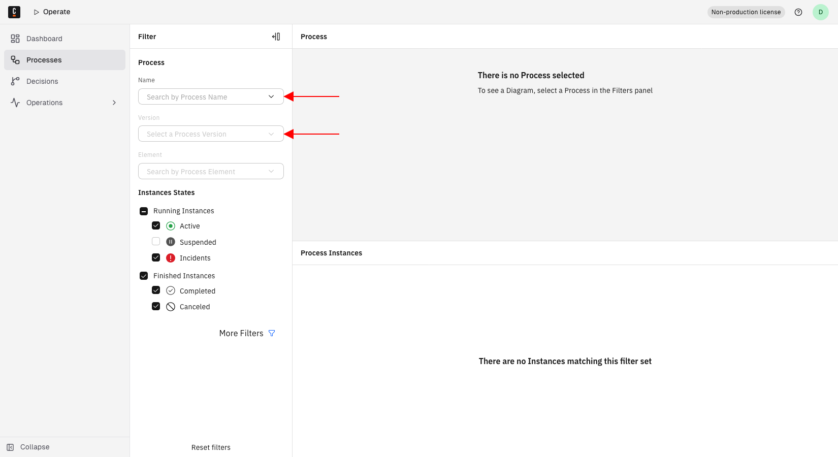 The Processes page filter panel, with arrows pointing at the Process Name and Process Version fields.