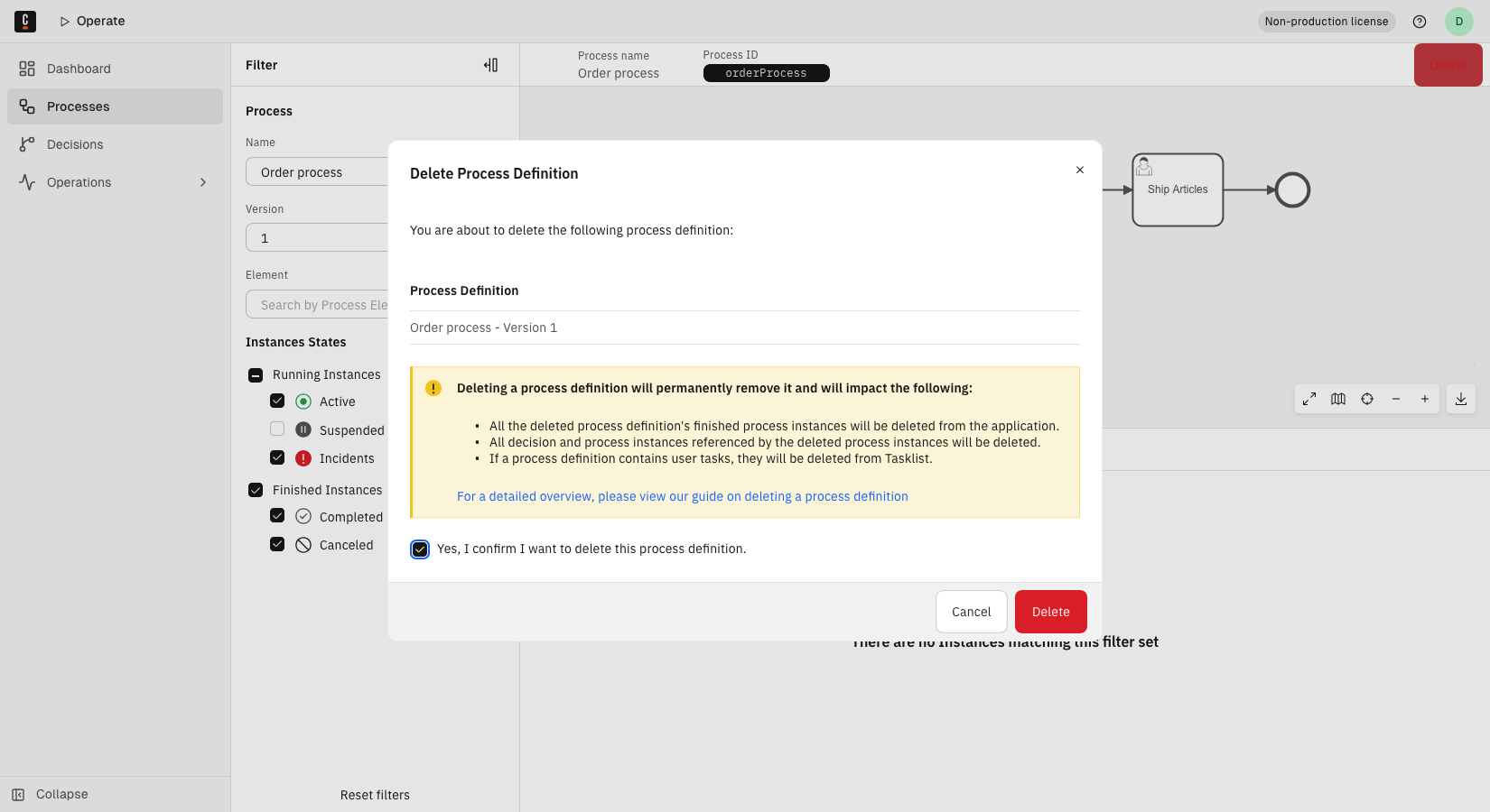 A confirmation modal for deleting a process definition, with a warning about the impact of deletion and a checkbox to confirm the deletion.