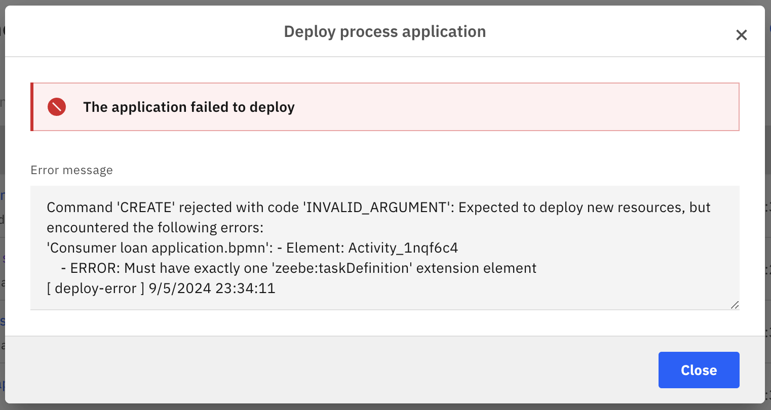 Process application deployment error