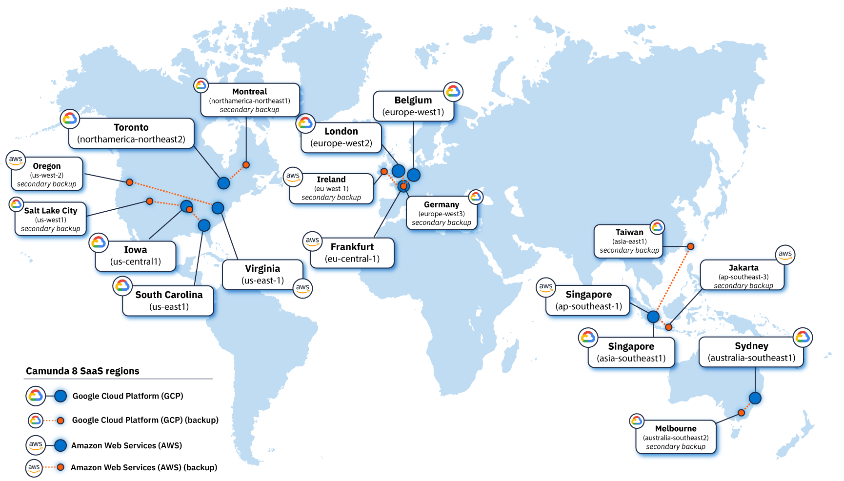 World map showing the location of each GCP and AWS region