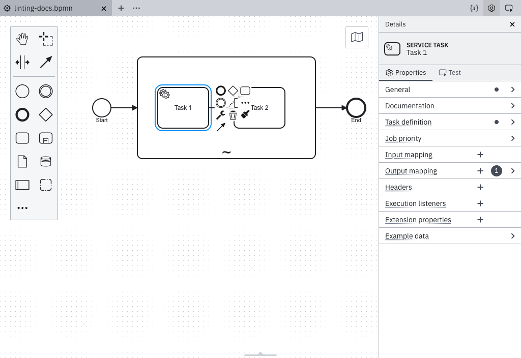 Two activities in a tool's sub-flow: the first has no incoming sequence flow and is the tool's entry element, while the second is reached by a sequence flow and is not