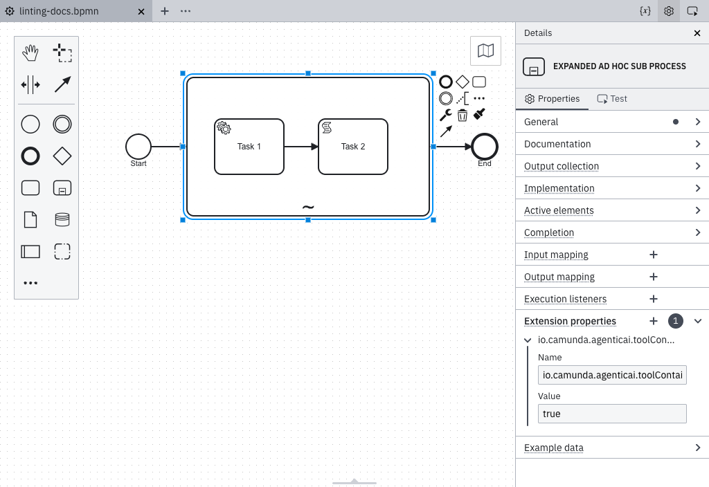 Extension properties section showing the toolContainer property on an ad-hoc sub-process with no element template applied