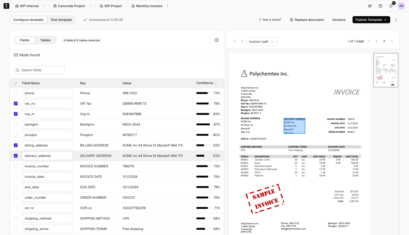 Extracted fields and tables - select fields