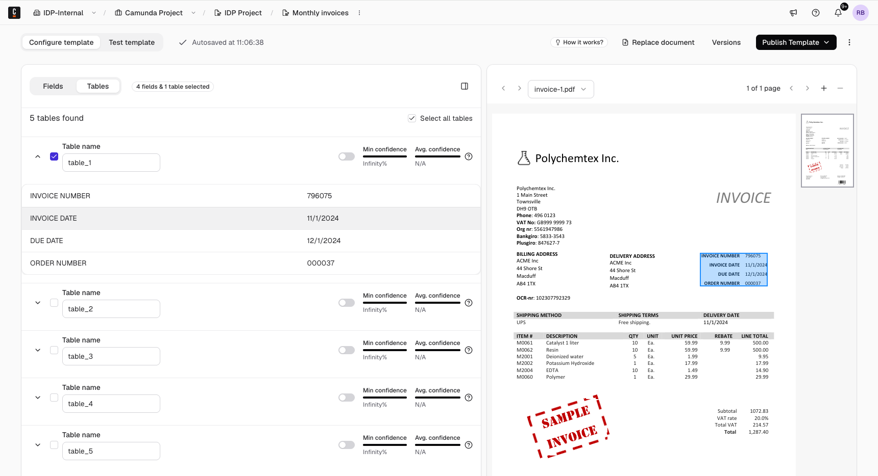 Extracted fields and tables - select table