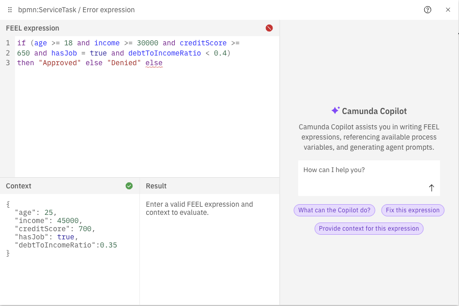 Example image showing the FEEL Playground Sample Data and Result of a FEEL expression validation