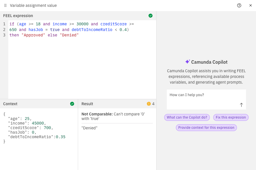 Example image showing the FEEL Playground Sample Data and Result of a FEEL expression validation