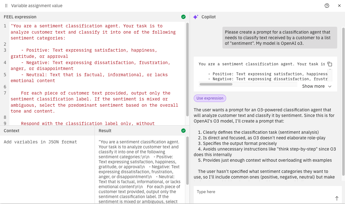 Example image showing the FEEL Playground Sample Data and Result of a FEEL expression validation