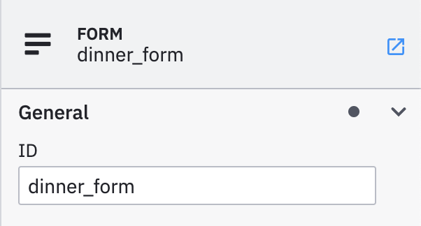 The form properties panel, showing the form ID