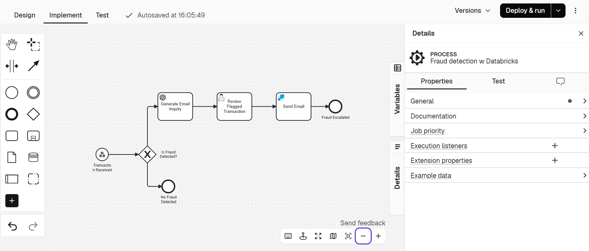Completed fraud detection process in Web Modeler