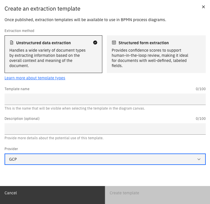 Create an extraction project modal