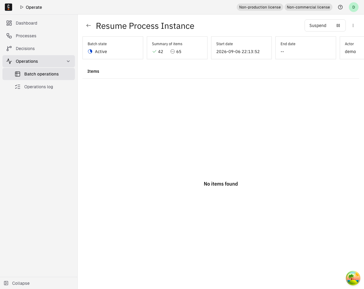 A batch operation details page for an Active batch operation, with a Suspend button and an overflow menu available in the page header.