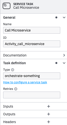 Service task with properties panel open