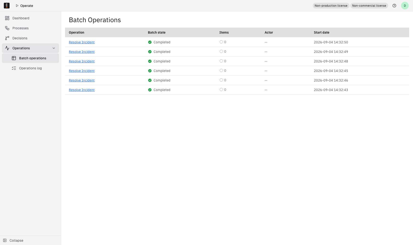The Batch Operations page, listing batch operations with their operation type, batch state, items, actor, and start date.