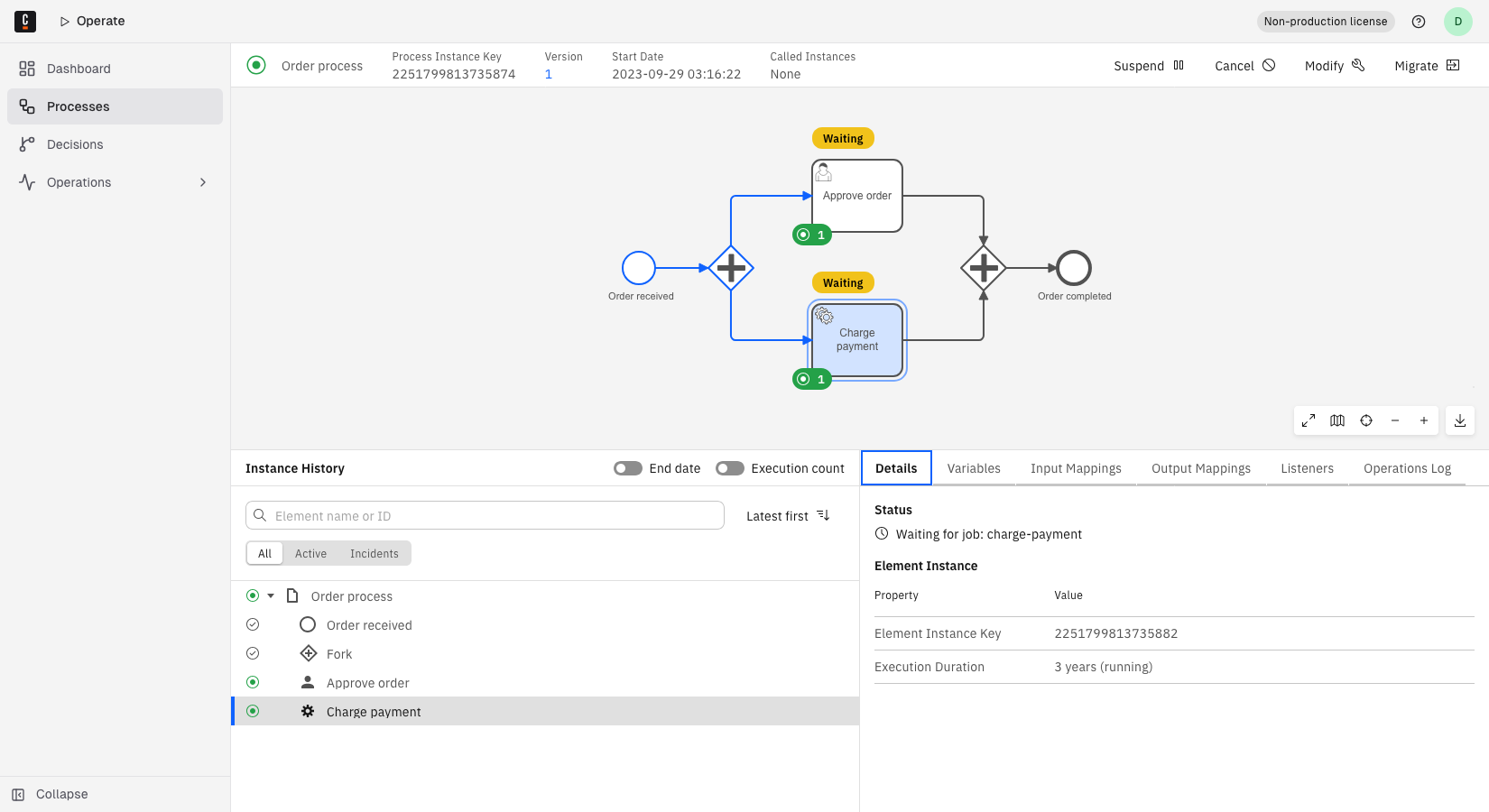 An active process instance with two elements showing a Waiting label. The Charge payment element is selected, and the Details tab shows the wait state status and properties.