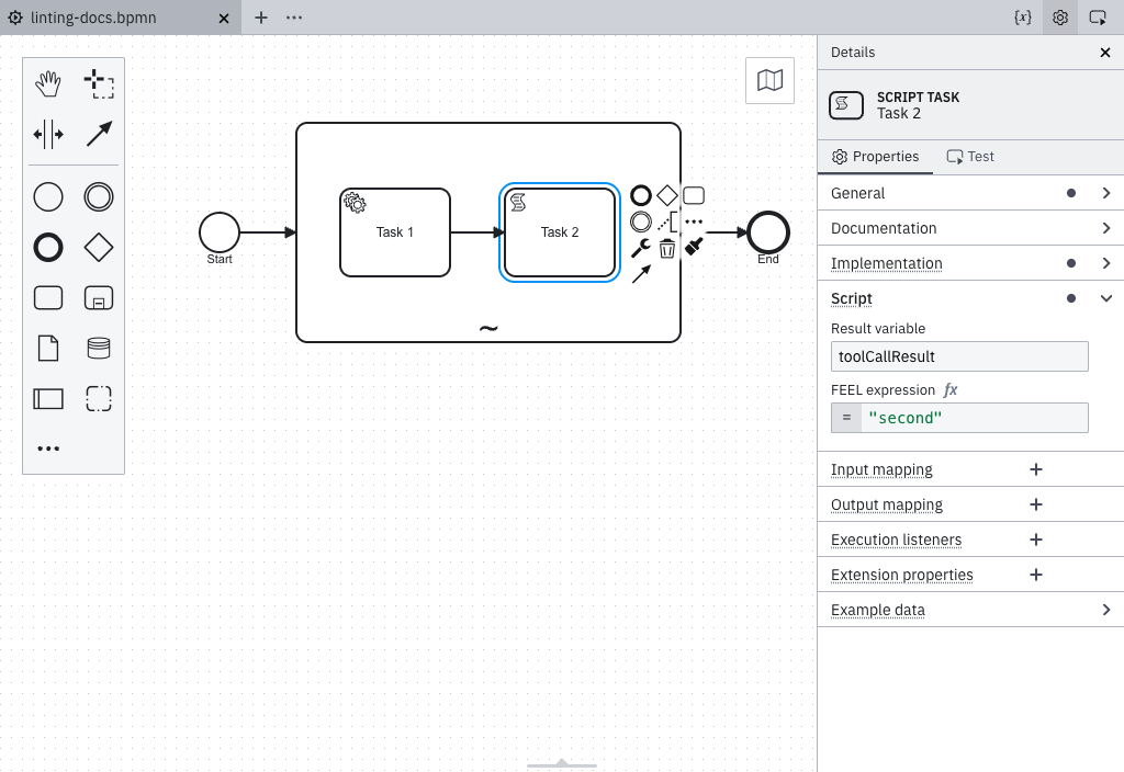 Two activities in a tool's sub-flow, connected by a sequence flow, both mapping an output to toolCallResult: the second activity's value silently replaces the first