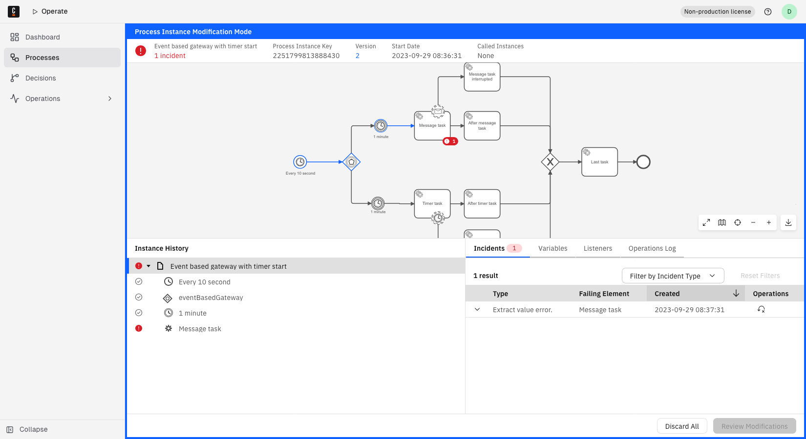 A process instance in modification mode, indicated by the blue "Process Instance Modification Mode" banner at the top of the page.