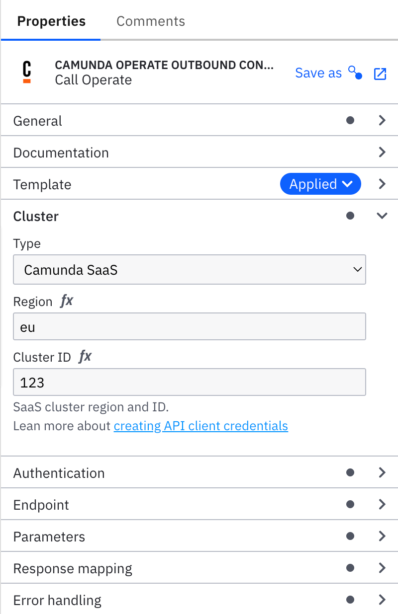 Properties panel with an element template